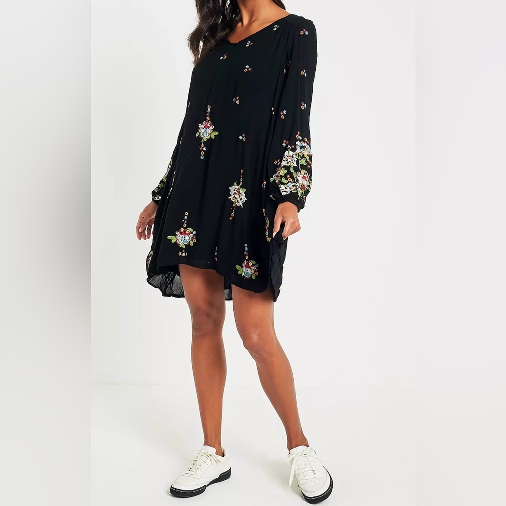 Free People Black Long Sleeve Embroidered Mini Dress